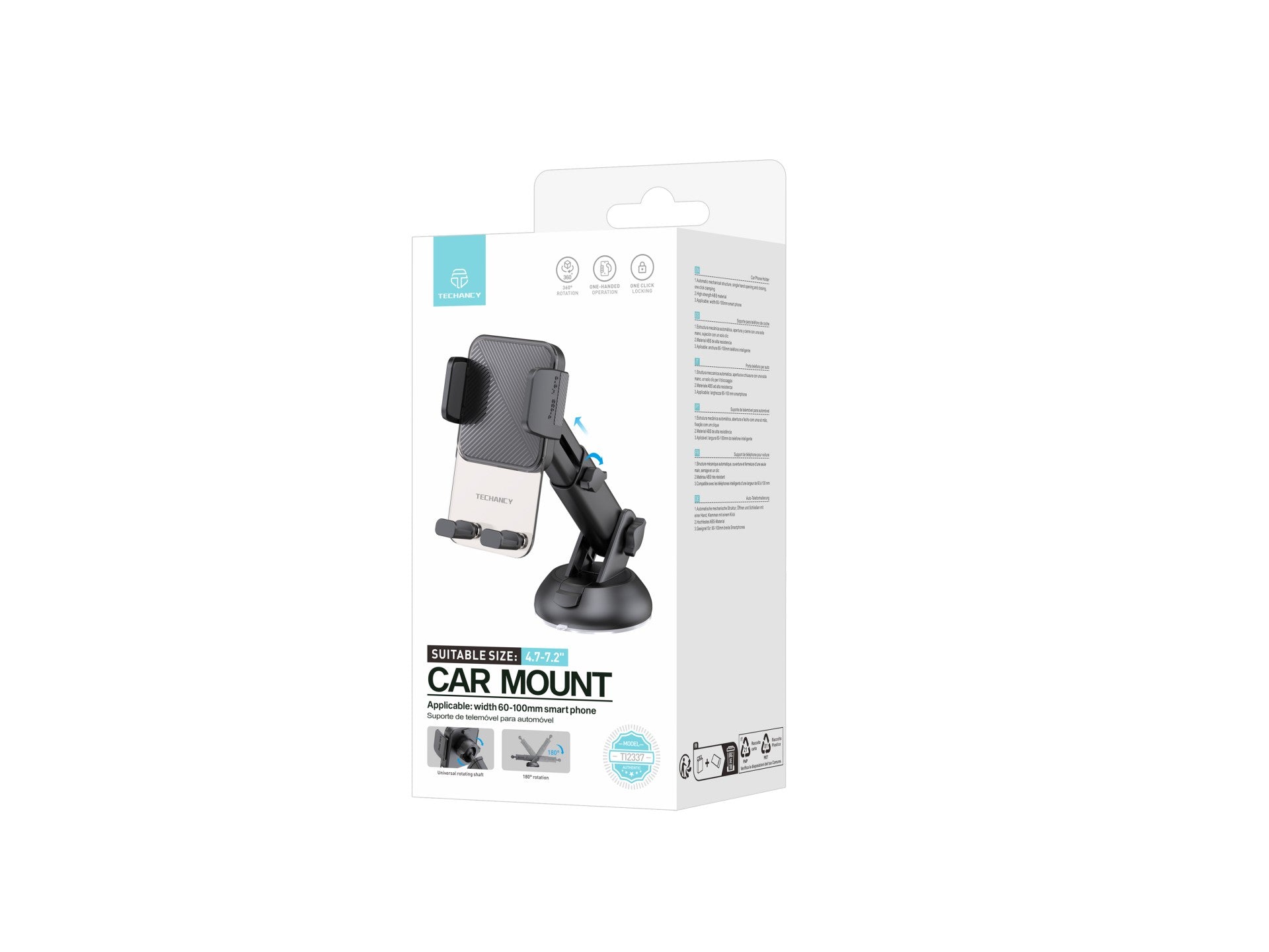 Techancy Suporte para TelemOvel com Ventosa TI2337, Operação com Uma Mão, ABS de Alta Resistência, para Smartphones 4.7"-7.2", Preto-3