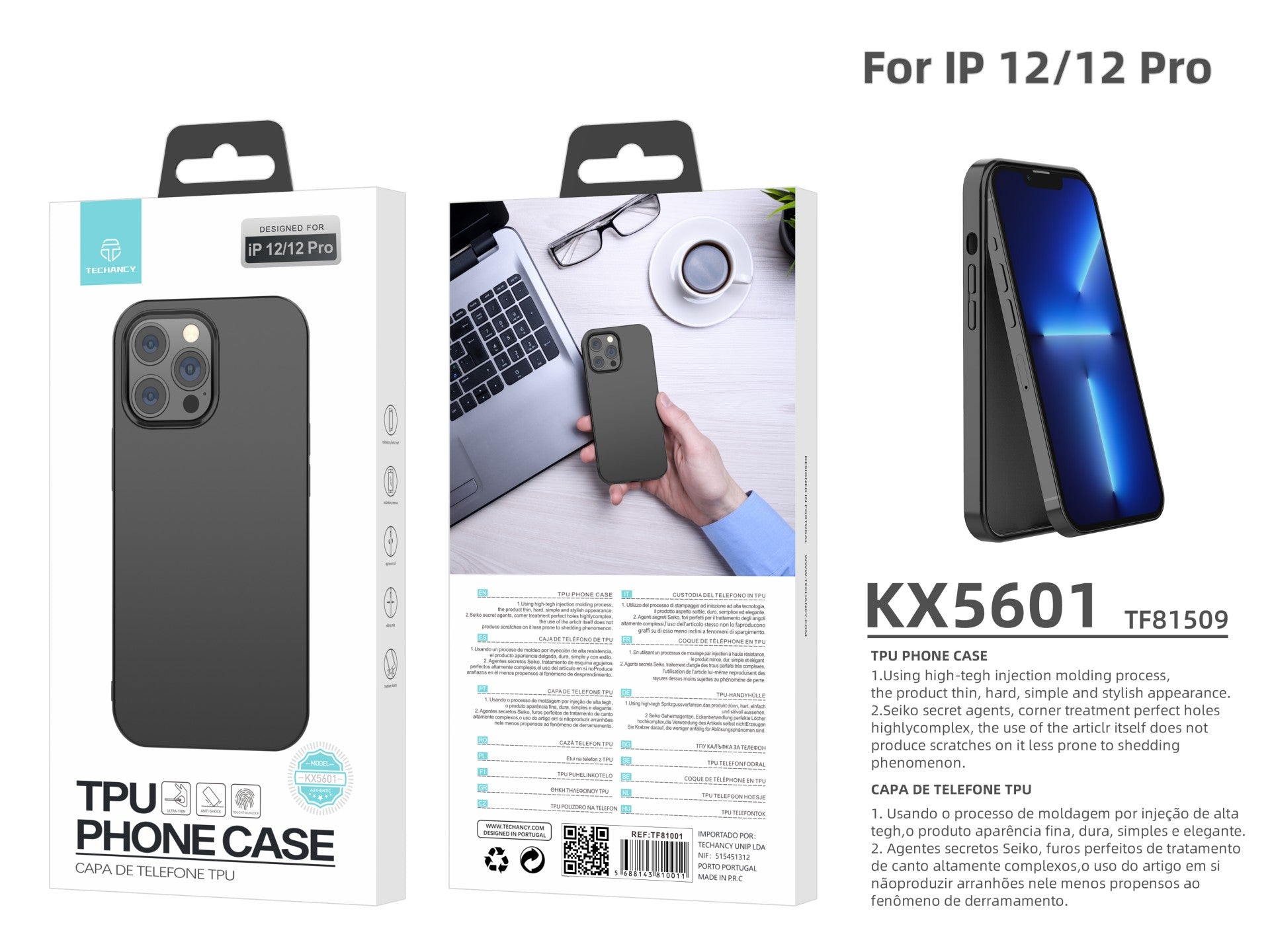 Capa para telemóvel Techancy New TPU Preto, KX5601, com proteção para a lente da câmara, compatível com iPhone 12/12 Pro-1