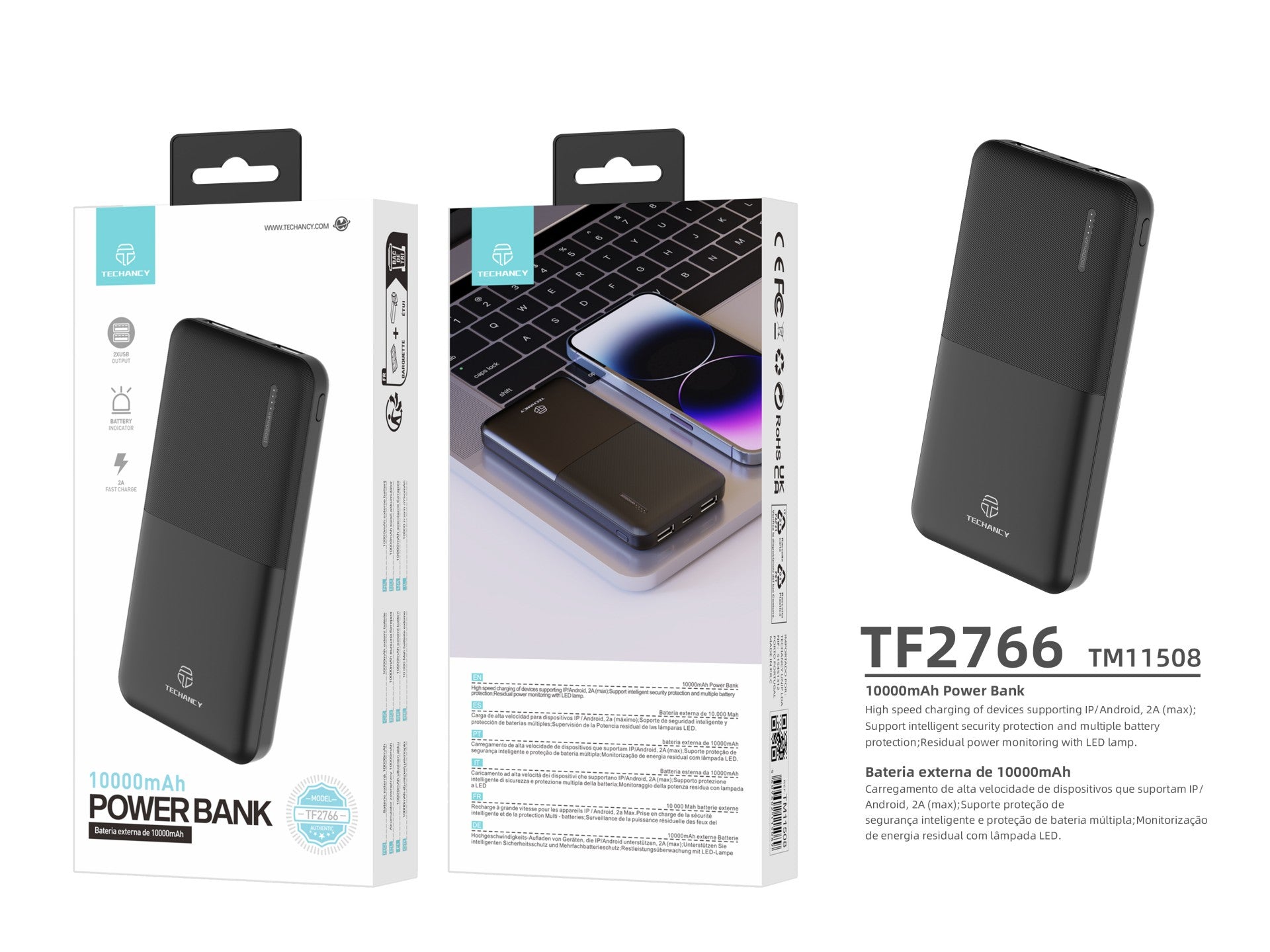 Techancy 10000mah Power Bank Preto TF2766，Carregamento Rápido De 2a, 2 Saídas Usb Para Telemóvel/Tablet.-2