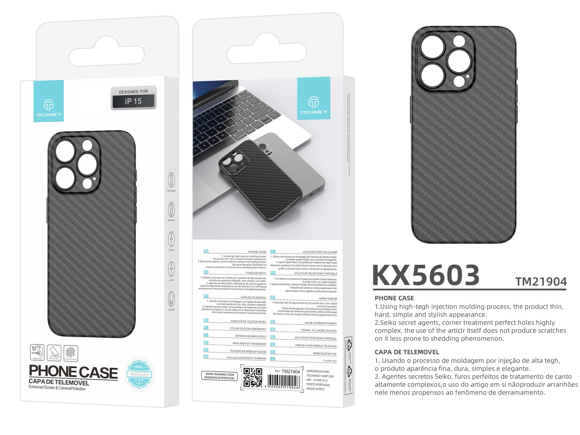 Techancy Capa Para Telemóvel Ultra Fina Em Fibra De Carbono KX5603, Compatível Com Iphone 15, Material Pp De 0,5 Mm.-3
