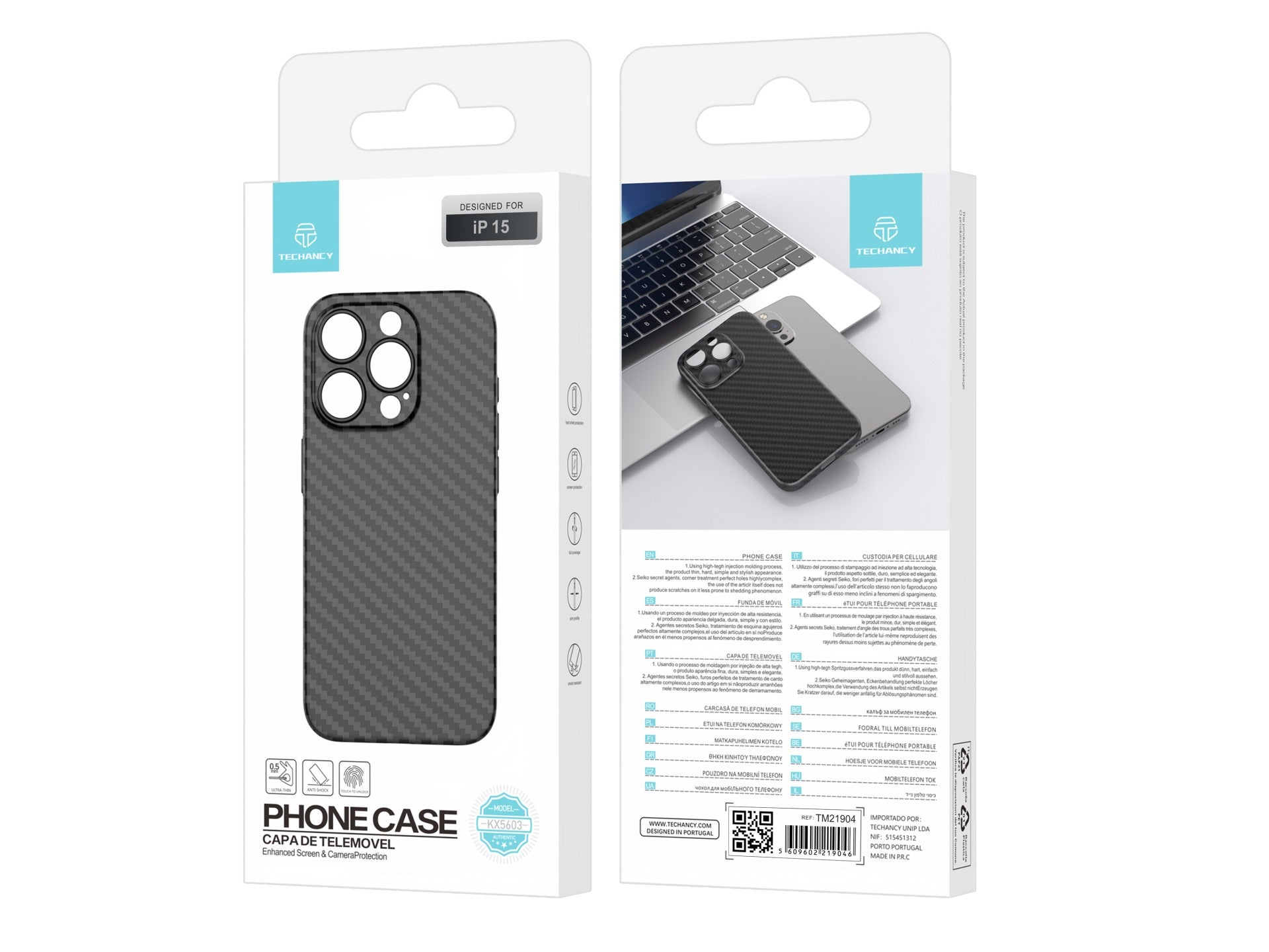 Techancy Capa Para Telemóvel Ultra Fina Em Fibra De Carbono KX5603, Compatível Com Iphone 15, Material Pp De 0,5 Mm.-2