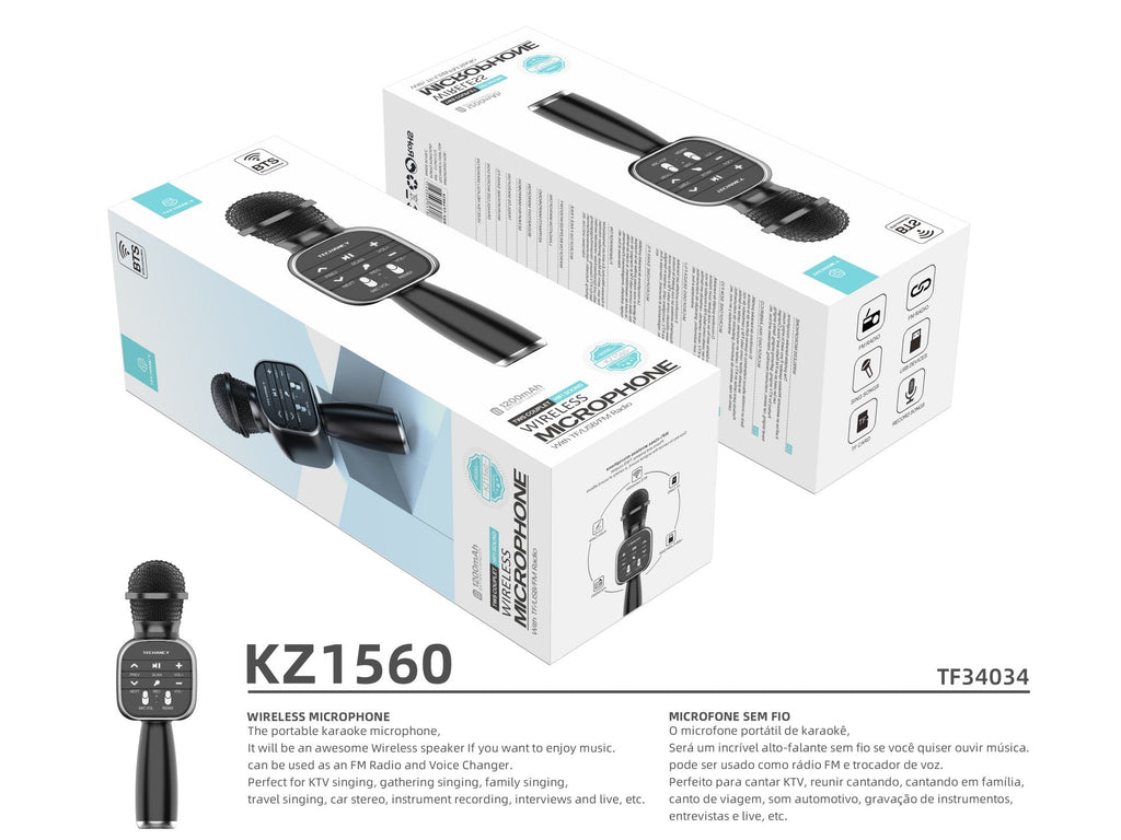 Microfone Bluetooth sem fios Techancy Dss, KZ1560, altifalante portátil para cantar, preto