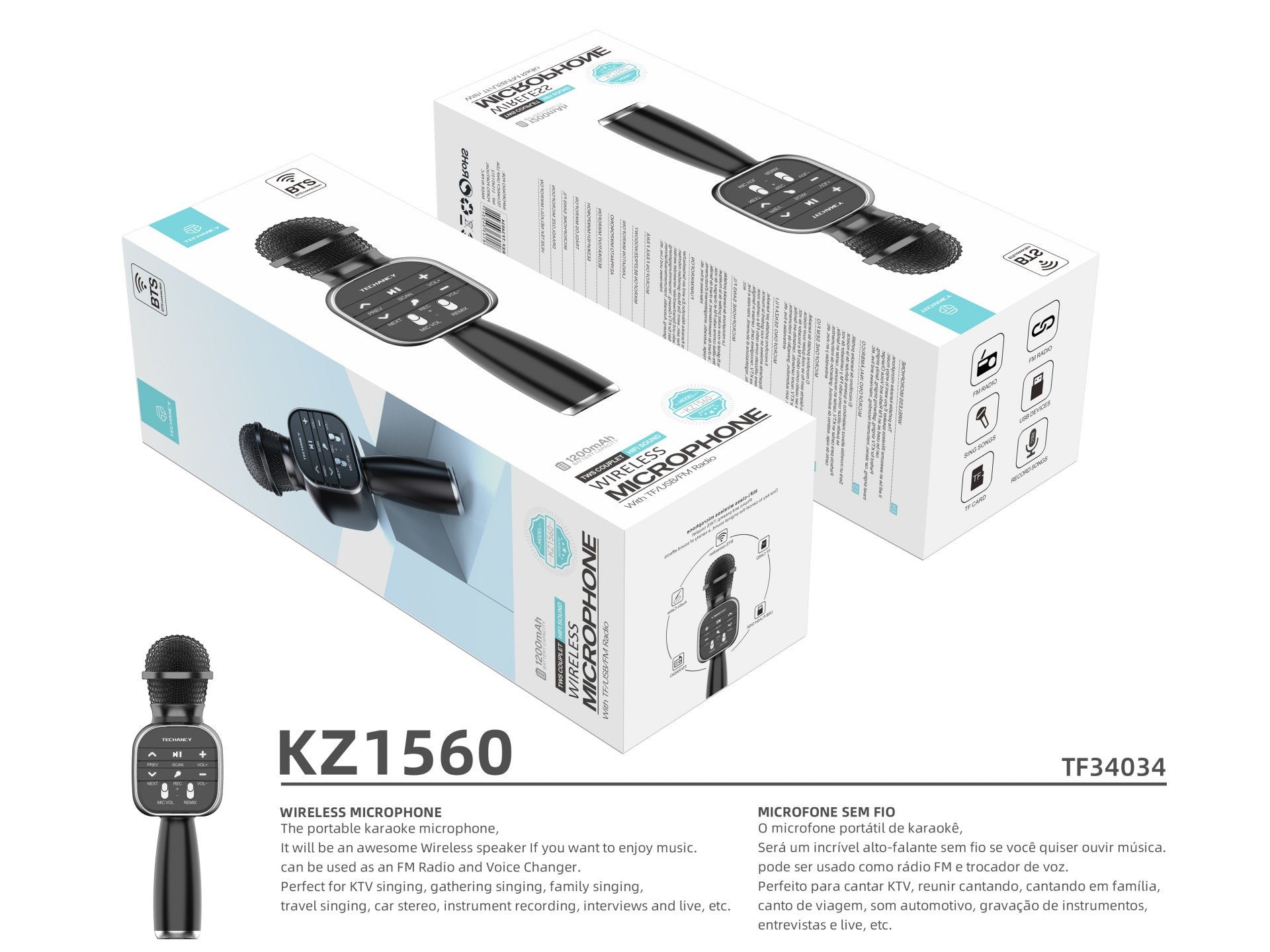 Microfone Bluetooth sem fios Techancy Dss, KZ1560, altifalante portátil para cantar, preto