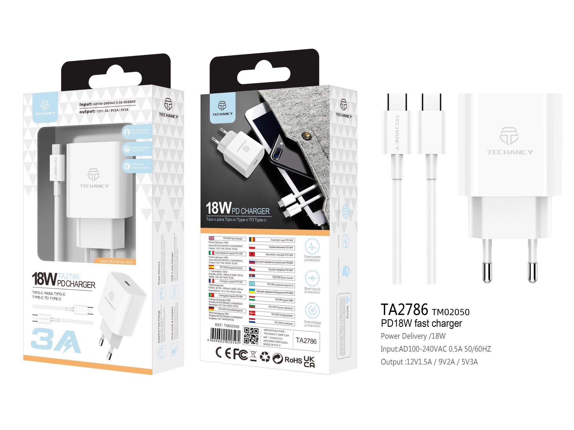 Techancy Carregador Pd 18w TA2786, Conjunto De Cabos Usb C-Lightning, Carregamento Rápido 3A, Compacto E Portátil-2