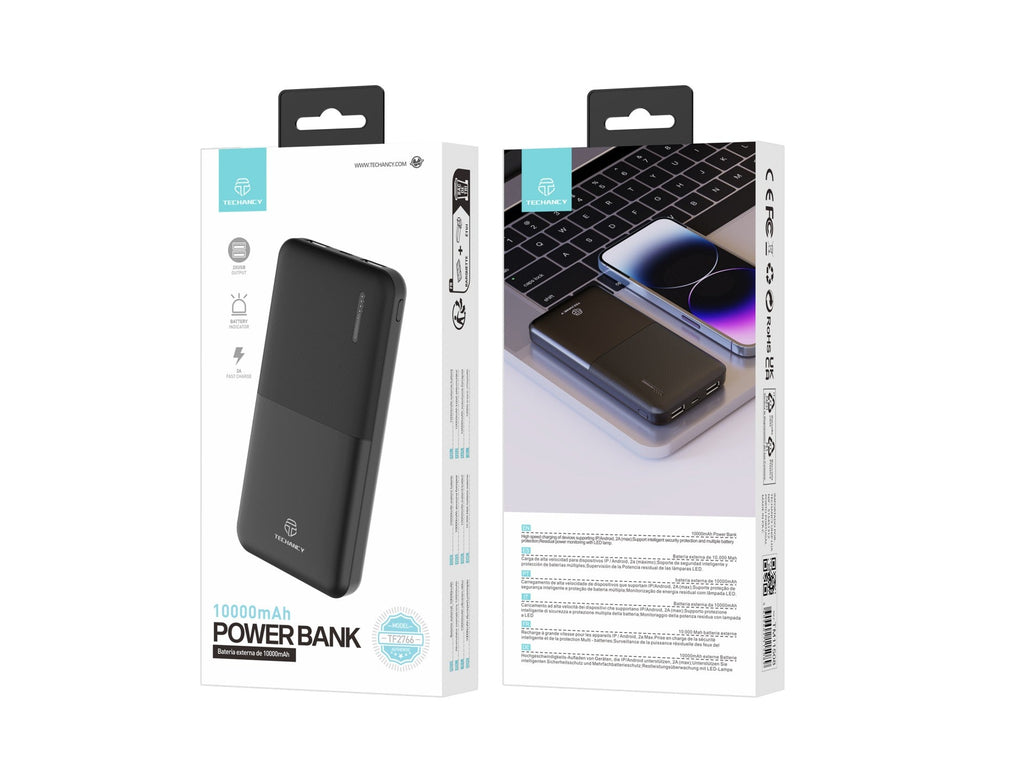 Techancy 10000mah Power Bank Preto TF2766，Carregamento Rápido De 2a, 2 Saídas Usb Para Telemóvel/Tablet.-1